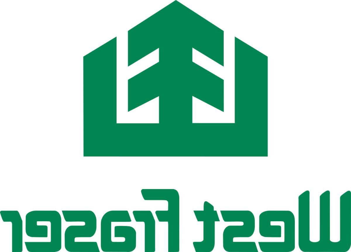 West Fraser logo composed of an opened topped square formed from green lines with the left and righ line ending in a diagonal. A tree symbol composed of a single vertical line with two chevrons forming the branches is centered in the square. The words West Fraser are in a stylized green font along the bottom.