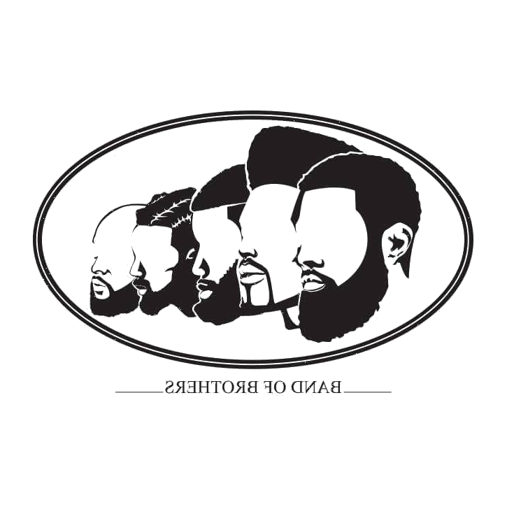Band of Brothers Icon in Black composed of five masculine head outlines with various beard and hair styles shown at an angle with the closest on the left side. A horizontal white oval with black outlines on the outside and inside surrounds the heads. The words Band of Brothers is black font below the oval with a black line before and after the words.