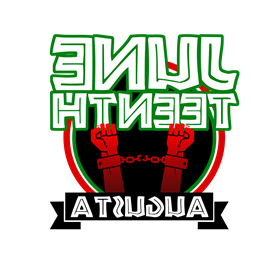 The Juneeteenth Augusta logo composed of the word Juneteenth broken over two lines with teenth on a second line in green block font with th e line letters inside the blocks. A black circle with a green white and red outline has the upper half layered below Juneteenth with chained red arms raised vertically from the bottom of the cirlce toward the word Juneteenth. A black ribbon banner slightly overlaps the circles at the bottom with the word augusta in white block also with the line letters inside the blocks.