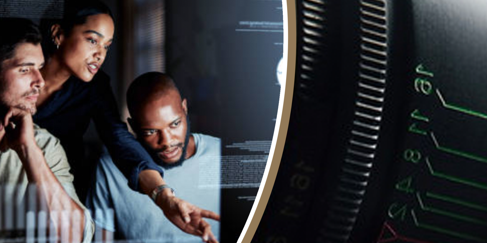 一个对准非裔美国男性的可调相机镜头, 非裔美国女性, 研究电脑屏幕的白人男性. 源代码与监视器重叠.