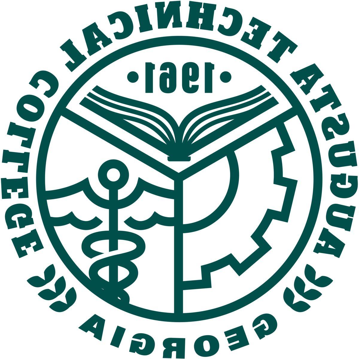 Augusta Technical College seal in Heritage Green composed of the words Augusta Technical College circling the top 3/4s of a circular outline. The word Georgia is centered at the bottom outside the circular outline, separated from the words Augusta and College by three stylized laurel leaves. The inner part of the circular outline is divided into three sections by lines forming a capitalzed Y. The upper section includes the image of an open book as seen from the bottom edge with the year 1961 above it framed by two small diamonds. The bottom left section contains an outline of a gear with the hollow center of the gear opening to the center of the Y. The bottom right section contains the outline of a caduceus. 
